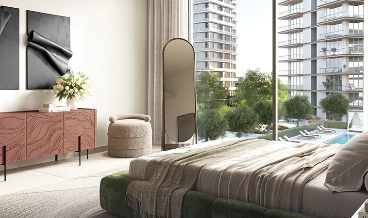 Master bedroom with pool view